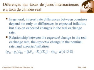 Diferenças nas taxas de juros internacionais
e a taxa de câmbio real

     In general, interest rate differences between countries
       depend not only on differences in expected inflation,
       but also on expected changes in the real exchange
       rate.
     Relationship between the expected change in the real
       exchange rate, the expected change in the nominal
       rate, and expected inflation:
    (qe$/€ - q$/€)/q$/€ = [(Ee$/€ - E$/€)/E$/€] – (πeUS - πeE) (15-8)



Copyright © 2003 Pearson Education, Inc.                     Slide 15-48
 