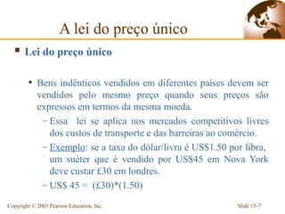 A lei do preço único
   Lei do preço único

        • Bens indênticos vendidos em diferentes países devem ser
            vendidos pelo mesmo preço quando seus preços são
            expressos em termos da mesma moeda.
             – Essa lei se aplica nos mercados competitivos livres
               dos custos de transporte e das barreiras ao comércio.
             – Exemplo: se a taxa do dólar/livra é US$1.50 por libra,
               um suéter que é vendido por US$45 em Nova York
               deve custar £30 em londres.
             – US$ 45 = (£30)*(1.50)

Copyright © 2003 Pearson Education, Inc.                     Slide 15-7
 