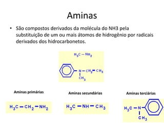 Aminas
• São compostos derivados da molécula do NH3 pela
substituição de um ou mais átomos de hidrogênio por radicais
derivados dos hidrocarbonetos.
Aminas primárias Aminas secundárias Aminas terciárias
 