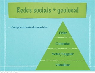 Redes sociais + geolocal
Comportamento dos usuários
Criar
Comentar
Votar/Taggear
Visualizar
segunda-feira, 10 de junho de 13
 