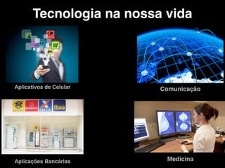 Tecnologia na nossa vida
Aplicativos de Celular Comunicação
Aplicações Bancárias Medicina
 