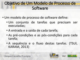 Objetivo de Um Modelo de Processo de
Software
• Um modelo de processo de software define:
• Um conjunto de tarefas que precisam ser
executadas;
• A entrada e a saída de cada tarefa;
• As pré-condições e as pós-condições para cada
tarefa;
• A sequência e o fluxo destas tarefas. (TSUI,
KARAM, 2013)
 