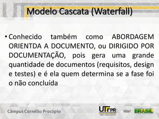 Modelo Cascata (Waterfall)
• Conhecido também como ABORDAGEM
ORIENTDA A DOCUMENTO, ou DIRIGIDO POR
DOCUMENTAÇÃO, pois gera uma grande
quantidade de documentos (requisitos, design
e testes) e é ela quem determina se a fase foi
o não concluída
 