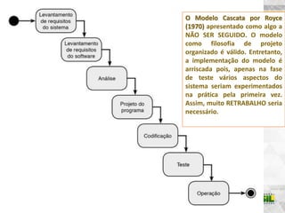 O Modelo Cascata por Royce
(1970) apresentado como algo a
NÃO SER SEGUIDO. O modelo
como filosofia de projeto
organizado é válido. Entretanto,
a implementação do modelo é
arriscada pois, apenas na fase
de teste vários aspectos do
sistema seriam experimentados
na prática pela primeira vez.
Assim, muito RETRABALHO seria
necessário.
 
