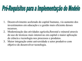 1. Desenvolvimento acelerado do capital humano, via aumento dos
investimentos em educação e a gestão mais eficiente desses
recursos.
2. Modernização das atividades agrícola,florestal e mineral através
do uso de técnicas mais intensivas em capital e maior aplicação
de ciência e tecnologia nos processos e produtos.
3. Maior integração entre universidade e setor produtivo com
objetivo de desenvolver tecnologia.
 