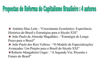 Antônio Dias Leite : “Crescimento Econômico. Experiência
Histórica do Brasil e Estratégias para o Século XXI”
João Paulo de Almeida Magalhães : “Estratégia de Longo
Prazo para o Brasil”
João Paulo dos Reis Velloso : “O Modelo de Especializações
Avançadas: Um Projeto para o Brasil do Século XXI”
Roberto Mangabeira Unger : “A Segunda Via: Presente e
Futuro do Brasil”
 