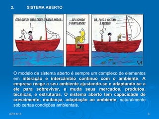 2. SISTEMA ABERTO O modelo de sistema aberto é sempre um complexo de elementos em  interação e intercâmbio contínuo com o ambiente .  A empresa reage a seu ambiente ajustando-se e adaptando-se a ele para sobreviver, e muda seus mercados, produtos, técnicas, e estruturas .  O sistema aberto tem capacidade de crescimento, mudança, adaptação ao ambiente , naturalmente sob certas condições ambientais. 