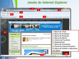 1
                    2                       3
        4
    5
        6                   7




8                                    1- Barra de Título
                                     2- Barra de Endereço
                                     3- Barra de Pesquisa
                                     4- Barra de Menus
                                     5- Centro de Favoritos
                                     6- Separadores
                                     7- Barra de Comandos
                                     8- Painel do Internet Explorer
                                     9- Barra de Estado e segurança
                                     10- Zoom
                                                    10
            Powerpoint    9
                         Templates
                                                     Page 6
 