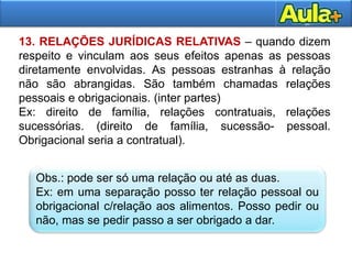 28
13. RELAÇÕES JURÍDICAS RELATIVAS – quando dizem
respeito e vinculam aos seus efeitos apenas as pessoas
diretamente envolvidas. As pessoas estranhas à relação
não são abrangidas. São também chamadas relações
pessoais e obrigacionais. (inter partes)
Ex: direito de família, relações contratuais, relações
sucessórias. (direito de família, sucessão- pessoal.
Obrigacional seria a contratual).
Obs.: pode ser só uma relação ou até as duas.
Ex: em uma separação posso ter relação pessoal ou
obrigacional c/relação aos alimentos. Posso pedir ou
não, mas se pedir passo a ser obrigado a dar.
 