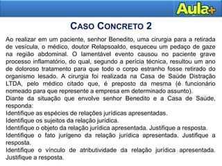 33
Ao realizar em um paciente, senhor Benedito, uma cirurgia para a retirada
de vesícula, o médico, doutor Relapsoaldo, esqueceu um pedaço de gaze
na região abdominal. O lamentável evento causou no paciente grave
processo inflamatório, do qual, segundo a perícia técnica, resultou um ano
de doloroso tratamento para que todo o corpo estranho fosse retirado do
organismo lesado. A cirurgia foi realizada na Casa de Saúde Distração
LTDA, pelo médico citado que, é preposto da mesma (é funcionário
nomeado para que represente a empresa em determinado assunto).
Diante da situação que envolve senhor Benedito e a Casa de Saúde,
responda:
Identifique as espécies de relações jurídicas apresentadas.
Identifique os sujeitos da relação jurídica.
Identifique o objeto da relação jurídica apresentada. Justifique a resposta.
Identifique o fato jurígeno da relação jurídica apresentada. Justifique a
resposta.
Identifique o vínculo de atributividade da relação jurídica apresentada.
Justifique a resposta.
CASO CONCRETO 2
 