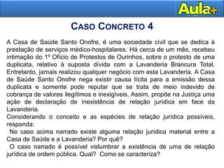 35
A Casa de Saúde Santo Onofre, é uma sociedade civil que se dedica à
prestação de serviços médico-hospitalares. Há cerca de um mês, recebeu
intimação do 1º Ofício de Protestos de Ourinhos, sobre o protesto de uma
duplicata, relativo à suposta dívida com a Lavanderia Brancura Total.
Entretanto, jamais realizou qualquer negócio com esta Lavanderia. A Casa
de Saúde Santo Onofre nega existir causa lícita para a emissão dessa
duplicata e somente pode reputar que se trata de meio indevido de
cobrança de valores ilegítimos e inexigíveis. Assim, propõe na Justiça uma
ação de declaração de inexistência de relação jurídica em face da
Lavanderia.
Considerando o conceito e as espécies de relação jurídica possíveis,
responda:
No caso acima narrado existe alguma relação jurídica material entre a
Casa de Saúde e a Lavanderia? Por quê?
O caso narrado é possível vislumbrar a existência de uma de relação
jurídica de ordem pública. Qual? Como se caracteriza?
CASO CONCRETO 4
 