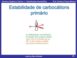 Química Orgânica Teórica 1 – Substituição Nucleofílica

Prof. Gustavo Pozza Silveira

Estabilidade de carbocátions
primário

www.iq.ufrgs.br/biolab

20

 