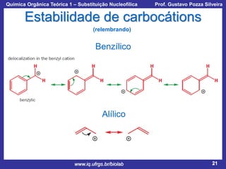 Química Orgânica Teórica 1 – Substituição Nucleofílica

Prof. Gustavo Pozza Silveira

Estabilidade de carbocátions
(relembrando)

Benzílico

Alílico

www.iq.ufrgs.br/biolab

21

 