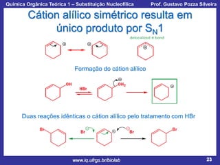 Química Orgânica Teórica 1 – Substituição Nucleofílica

Prof. Gustavo Pozza Silveira

Cátion alílico simétrico resulta em
único produto por SN1

Formação do cátion alílico

Duas reações idênticas o cátion alílico pelo tratamento com HBr

www.iq.ufrgs.br/biolab

23

 
