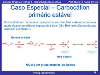 Química Orgânica Teórica 1 – Substituição Nucleofílica

Prof. Gustavo Pozza Silveira

Caso Especial – Carbocátion
primário estável
Existe ainda um carbocátion que precisa ser discutido: carbonos contendo
grupo doador de elétrons e grupo de saída (GS). Exemplo clássico dessas
espécies é o MOMCl.
Método de Olah

Mais estável

MOM é um grupo protetor de álcoois
www.iq.ufrgs.br/biolab

28

 
