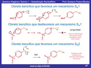 Química Orgânica Teórica 1 – Substituição Nucleofílica

Prof. Gustavo Pozza Silveira

Cloreto benzílico que favorece um mecanismo SN1

Cloreto benzílico que desfavorece um mecanismo SN1

Cloreto benzílico que favorece um mecanismo SN2

www.iq.ufrgs.br/biolab

47

 