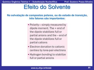 Química Orgânica Teórica 1 – Substituição Nucleofílica

Prof. Gustavo Pozza Silveira

Efeito do Solvente
Na solvatação de compostos polares, ou do estado de transição,
três fatores são importantes:

www.iq.ufrgs.br/biolab

51

 