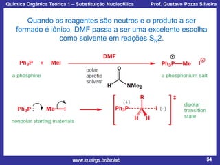 Química Orgânica Teórica 1 – Substituição Nucleofílica

Prof. Gustavo Pozza Silveira

Quando os reagentes são neutros e o produto a ser
formado é iônico, DMF passa a ser uma excelente escolha
como solvente em reações SN2.

www.iq.ufrgs.br/biolab

54

 