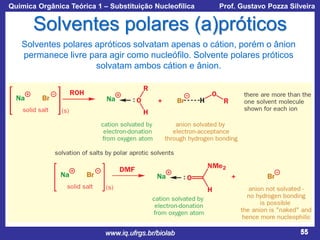 Química Orgânica Teórica 1 – Substituição Nucleofílica

Prof. Gustavo Pozza Silveira

Solventes polares (a)próticos
Solventes polares apróticos solvatam apenas o cátion, porém o ânion
permanece livre para agir como nucleófilo. Solvente polares próticos
solvatam ambos cátion e ânion.

www.iq.ufrgs.br/biolab

55

 