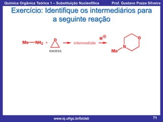 Química Orgânica Teórica 1 – Substituição Nucleofílica

Prof. Gustavo Pozza Silveira

Exercício: Identifique os intermediários para
a seguinte reação

www.iq.ufrgs.br/biolab

71

 