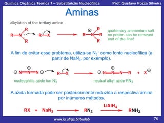 Química Orgânica Teórica 1 – Substituição Nucleofílica

Prof. Gustavo Pozza Silveira

Aminas

A fim de evitar esse problema, utiliza-se N3− como fonte nucleofílica (a
partir de NaN3, por exemplo).

A azida formada pode ser posteriormente reduzida a respectiva amina
por inúmeros métodos.

www.iq.ufrgs.br/biolab

74

 