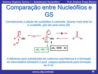 Química Orgânica Teórica 1 – Substituição Nucleofílica

Prof. Gustavo Pozza Silveira

Comparação entre Nucleófilos e
GS
Considerando a adição de nucleófilos à carboxila. Quanto mais forte for
o nucleófilo, pior ele será como GS.

A diferença para substituição em carbonos assimétricos é a formação
do intermediário tetraédrio o qual colapsa apidamente para formação
de C=O.
www.iq.ufrgs.br/biolab

82

 