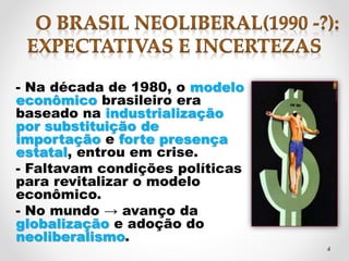 - Na década de 1980, o modelo 
econômico brasileiro era 
baseado na industrialização 
por substituição de 
importação e forte presença 
estatal, entrou em crise. 
- Faltavam condições políticas 
para revitalizar o modelo 
econômico. 
- No mundo → avanço da 
globalização e adoção do 
neoliberalismo. 
4 
 