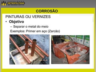 CORROSÃO
PINTURAS OU VERNIZES
• Objetivo
  – Separar o metal do meio
  Exemplos: Primer em aço (Zarcão)
 