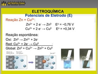 ELETROQUÍMICA
             Potenciais de Eletrodo (E)
Reação Zn + Cu2+:
             Zn2+ + 2 e- → Zn0     Eo = −0,76 V
             Cu2+ + 2 e- → Cu0     Eo = +0,34 V
Reação espontânea:
Oxi: Zn0 → Zn2+ + 2e-
Red: Cu2+ + 2e- → Cu0          .

Global: Zn0 + Cu2+ → Zn2+ + Cu0
 