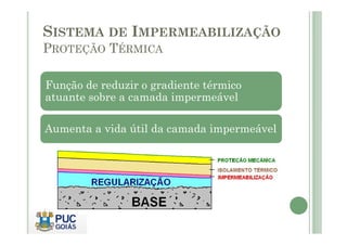 SISTEMA DE IMPERMEABILIZAÇÃO 
PROTEÇÃO TÉRMICA 
Função de reduzir o gradiente térmico 
atuante sobre a camada impermeável 
Aumenta a vida útil da camada impermeável 
 