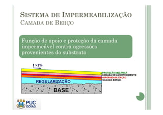 SISTEMA DE IMPERMEABILIZAÇÃO 
CAMADA DE BERÇO 
Função de apoio e proteção da camada 
impermeável contra agressões 
provenientes do substrato 
 
