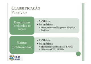 CLASSIFICAÇÃO 
FLEXÍVEIS 
•Asfálticas 
•Poliméricas 
• Elastoméricas (Neoprene, Hypalon) 
• Acrílicas 
Membranas 
(moldadas no 
local) 
•Asfálticas 
•Poliméricas 
• Elastoméricas (butílicas, EPDM) 
• Plásticas (PVC, PEAD) 
Mantas 
(pré-formadas) 
 