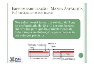 IMPERMEABILIZAÇÃO - MANTA ASFÁLTICA 
PRÉ-TRATAMENTO DOS RALOS 
Nos ralos deverá haver um rebaixo de 3 cm 
de profundidade de 40 x 40 cm com bordas 
chanfradas para que haja nivelamento de 
toda a impermeabilização, após a colocação 
dos reforços previstos 
 