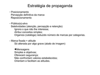 Posicionamento Percepção definitiva da marca Reposicionamento Público(s)-alvo Seletividades (atenção, percepção e retenção)‏ Ignora o que não lhe interessa; Atribui conceitos simples; Organiza (cataloga) reduzido número de marcas por categorias. - Marca fixada = atitude Só alterada por algo grave (abalo de imagem)‏ Mensagens Simples e objetivas; Oferecem segurança; Não confrontam valores estabelecidos; Orientam e facilitam as atitudes. Estratégia de propaganda 
