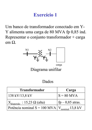 Exercício 1

Um banco de transformador conectado em Y-
Y alimenta uma carga de 80 MVA fp 0,85 ind.
Representar o conjunto transformador + carga
em Ω.
           N1            N2




                              carga
                Diagrama unifilar

                      Dados
        Transformador               Carga
 138 kV/13,8 kV                S = 80 MVA
 Xdispersão : 15,23 Ω (alta)  fp – 0,85 atras.
 Potência nominal S = 100 MVA Vnominal 13,8 kV
 