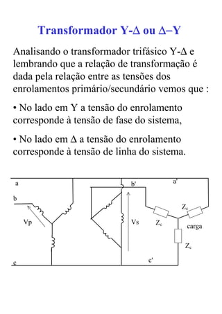 Transformador Y-∆ ou ∆−Y
                         ∆
Analisando o transformador trifásico Y-∆ e
lembrando que a relação de transformação é
dada pela relação entre as tensões dos
enrolamentos primário/secundário vemos que :
• No lado em Y a tensão do enrolamento
corresponde à tensão de fase do sistema,
• No lado em ∆ a tensão do enrolamento
corresponde à tensão de linha do sistema.

a                           b'             a'

b
                                                Zc

    Vp                      Vs        Zc
                                                 carga

                                                 Zc

c                                c'
 