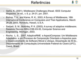 Referências
- Geihs, K. (2001). Middleware Challenges Ahead. IEEE Computer
Magazine, 34 ed., v. 6, p. 24-31, jun. 2001.
- Bishop, T. A., and Karne, R. K., 2003, A Survey of Middleware, 18th
International Conference on Computers and Their Applications, March
26-28, 2003, Honolulu, Hawaii, U.S.A.
- Sadjadi, S. M.; Mckinley, P. K. (2003). A survey of adaptive middleware.
Relatório Técnico MSU-CSE-03-35, Computer Science and
Engineering. Michigan, 2003.
- Rocha, L. S., 2007, AdaptiveRME e AspectCompose: Um Middleware
Adaptativo e um Processo de Composição Orientado a Aspectos para
o Desenvolvimento de Software Móvel e Ubíquo, Dissertação de M.Sc.,
Departamento de Computação,Universidade Federal do Ceará (UFC),
Ceará, Brasil.
10
 