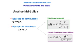 Redes de Abastecimento de Água
Dimensionamento das Redes
Análise hidráulica
• Equação da continuidade
Q = V x A
• Equação da resistência
H = r Qn
L

H  f 
D 2g
V 2

Q1,85
h  10,65L
C1,85
D4,87
F.U. (Darcy-Weisbach)
Fórmula Empírica de Hazen-Williams
 