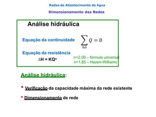 Redes de Abastecimento de Água
Dimensionamento das Redes
Análise hidráulica:
• Verificação da capacidade máxima da rede existente
• Dimensionamento de rede
Análise hidráulica
Equação da continuidade
Equação da resistência
H = KQn n=2,00 – fórmula universal
n=1,85 – Hazen-Williams
 