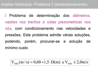 Analise Hidráulica- Problema 2 (dimensionamento)
🞓 Problema de determinação dos diâmetros,
vazões nos trechos e cotas piezométricas nos
nós, com condicionamento nas velocidades e
pressões. Este problema admite várias soluções,
podendo, porém, procurar-se a solução de
mínimo custo.
Vmáx (m /s)  0,60 1,5D(m) e Vmáx  2,0m/s
 