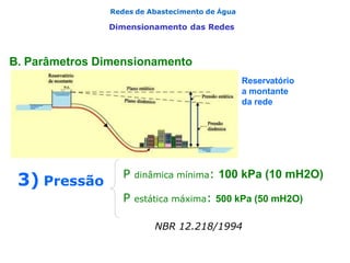 Redes de Abastecimento de Água
Dimensionamento das Redes
P dinâmica mínima: 100 kPa (10 mH2O)
P estática máxima: 500 kPa (50 mH2O)
NBR 12.218/1994
1) Diâmetro
2) Velocidade
3) Pressão
B. Parâmetros Dimensionamento
Reservatório
a montante
da rede
 