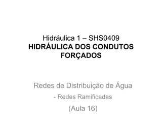 Hidráulica 1 – SHS0409
HIDRÁULICA DOS CONDUTOS
FORÇADOS
Redes de Distribuição de Água
- Redes Ramificadas
(Aula 16)
 