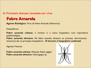 5) Principais doenças causadas por vírus
Febre AmarelaFebre Amarela
Agente Etiológico: Vírus da Febre Amarela (Arbovírus)
Hospedeiros:
Febre amarela urbana: o homem é o único hospedeiro com importância
epidemiológica.
Febre amarela silvestre: Na febre amarela silvestre os primatas não-humanos
(macacos) são os principais hospedeiros. O homem é hospedeiro acidental.
Agentes Vetores:
Febre amarela urbana: Mosquito Aedes aegypti
Febre amarela silvestre: Haemagogus sp.
 