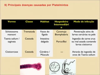 9) Principais doenças causadas por Platelmintos
Verme Classe Habitat Hospedeiro
Intermediári
o
Modo de infecção
Schistosoma
mansoni
Trematoda Vasos do
fígado
Caramujo
Biomphalaria
Penetração ativa de
larvas cercárias na pele
Taenia solium /
saginata
Cestoda Intestino
delgado Porco/Boi
Ingestão de carne crua
ou mal assada contendo
larvas cisticerco
Cisticercose Cestoda Cérebro /
Músculo
--- Através de ingestão de
ovos de Taenia solium
 