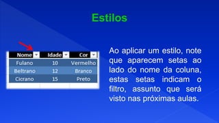 Ao aplicar um estilo, note
que aparecem setas ao
lado do nome da coluna,
estas setas indicam o
filtro, assunto que será
visto nas próximas aulas.
 