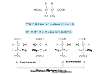 Enantiomorfos Enantiomorfos
DiastereoisômerosDiastereoisômerosDiastereoisômeros
Diastereoisômeros
 
