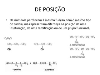 DE POSIÇÃO
• Os isômeros pertencem à mesma função, têm o mesmo tipo
de cadeia, mas apresentam diferença na posição de uma
insaturação, de uma ramificação ou de um grupo funcional.
 