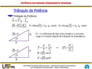 Universidade Tecnológica Federal do Paraná - Departamento Acadêmico de Eletrotécnica
Curso de Engenharia Industrial Elétrica - Ênfase em Eletrotécnica
POTÊNCIA EM REGIME PERMANENTE SENOIDAL
Triângulo de Potência
 