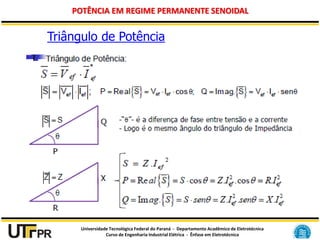 Universidade Tecnológica Federal do Paraná - Departamento Acadêmico de Eletrotécnica
Curso de Engenharia Industrial Elétrica - Ênfase em Eletrotécnica
POTÊNCIA EM REGIME PERMANENTE SENOIDAL
Triângulo de Potência
 