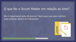 1 2 3 4 5 6 7 8 9 10 11 12 13 14 15 16 17 18
O que faz o Scrum Master em relação ao time?
Ele é responsável pela eficácia do Team para que esse melhore
suas práticas dentro do Framework.
 